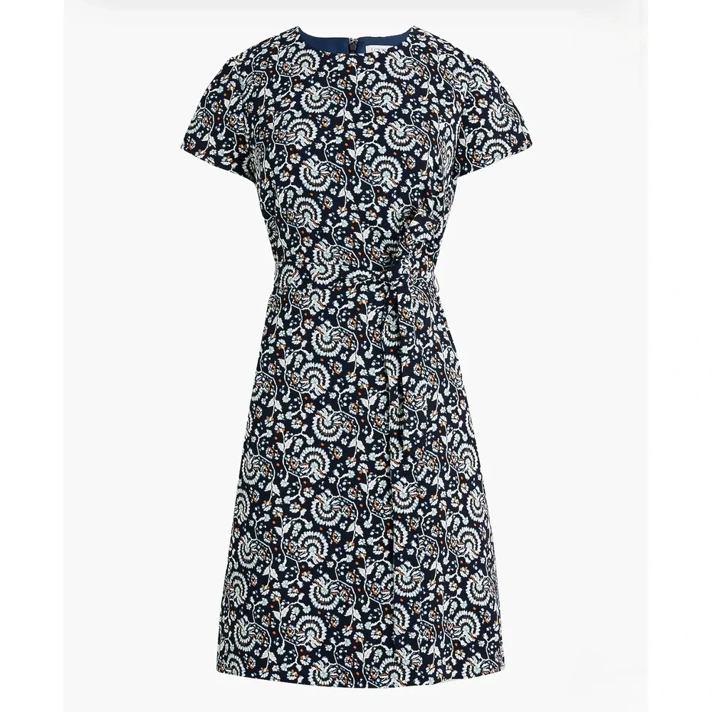J‎ Crew 12 Navy Floral Paisley Belted Suiting Dress Short Sleeve Office Sheath